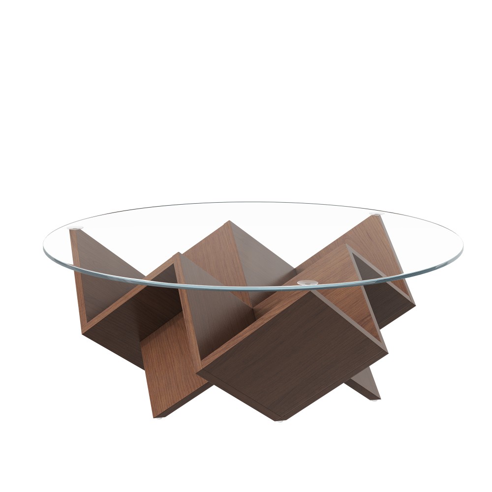 Round Coffee Table with Glass Top, Art Deco Base & Storage Shelves, Walnut