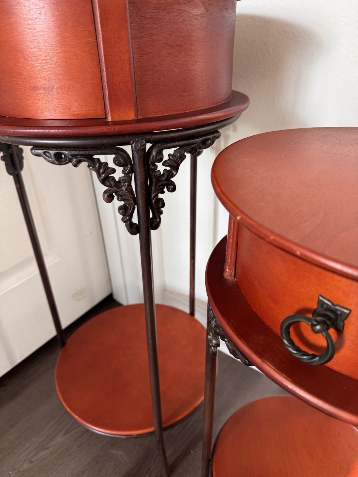 Vintage Wrought Iron & Wood Pedestal Drum Table Set 3 Plant Stand