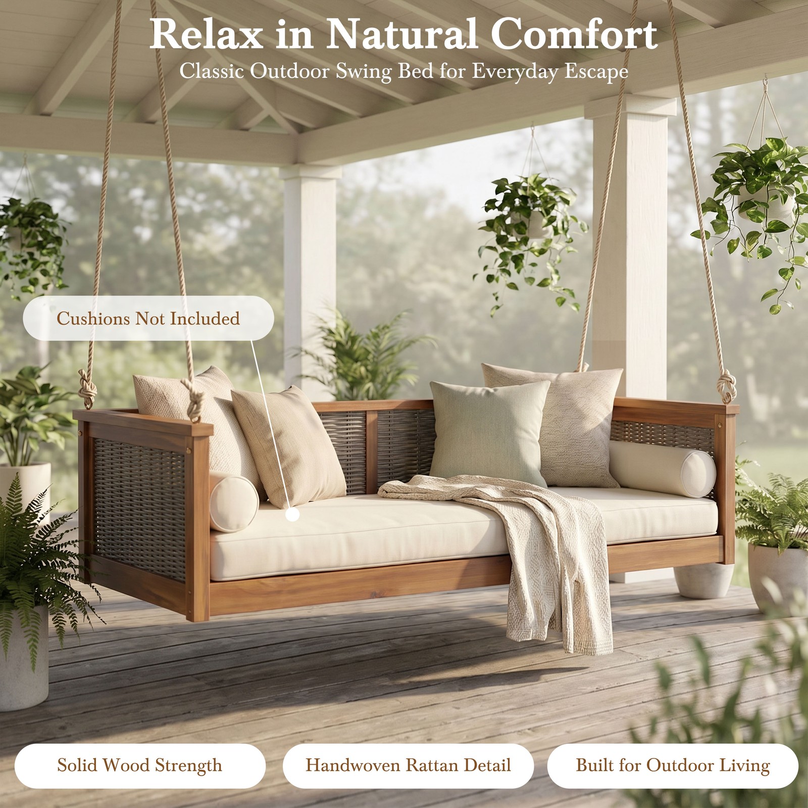 Acacia Wood Rattan Swing Bed Twin Size Outdoor Patio Porch Teak