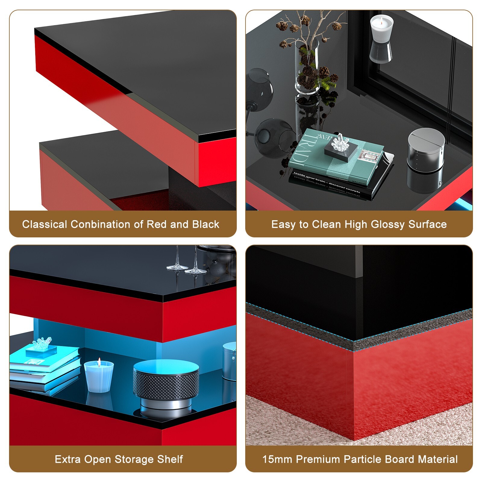 Red LED Coffee Table for Living Room 2-Tier Square Center Table Modern High Glos