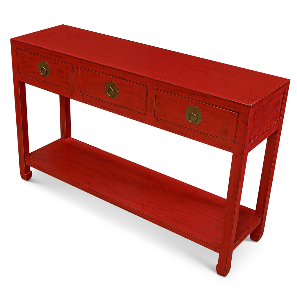 US Seller – Distressed Red Elmwood Chinese Ming Console Table 3 Drawers