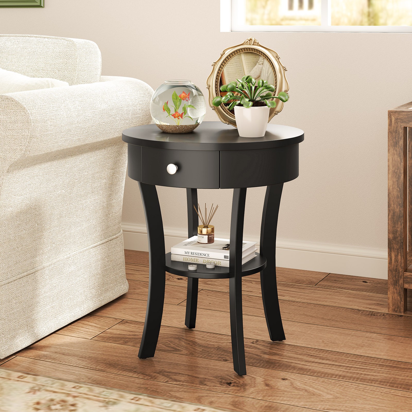 2-tier Side End Sofa Table Round Nightstand for Bedroom Living Room Black