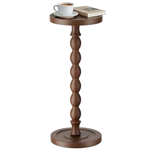 Rubber Wood Round Side Table, Solid Small 9.4″W x 23.8″H, Dark Walnut