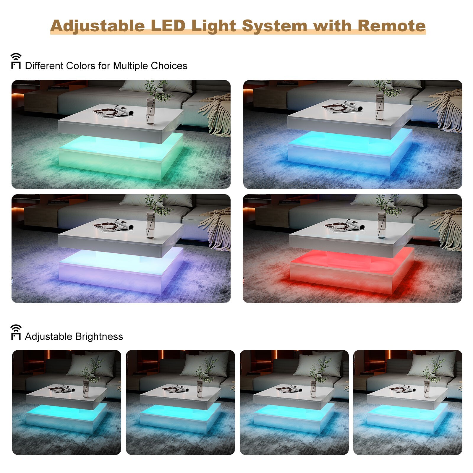 Square LED Coffee Table with 16 Colours Lights Modern 2 Tiers Cocktail Table Liv
