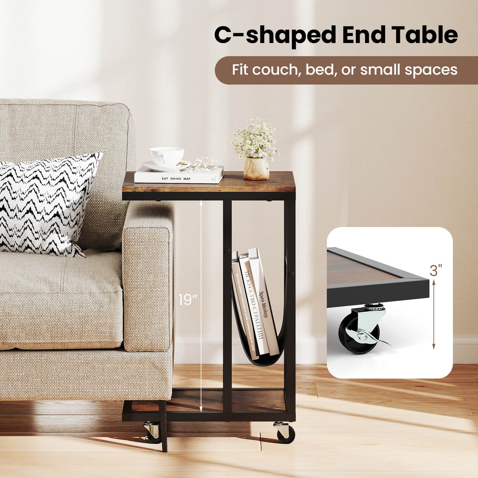 C-shaped Side Table 2-tier Sofa Couch Table w/ Canvas Storage Pouch Brown