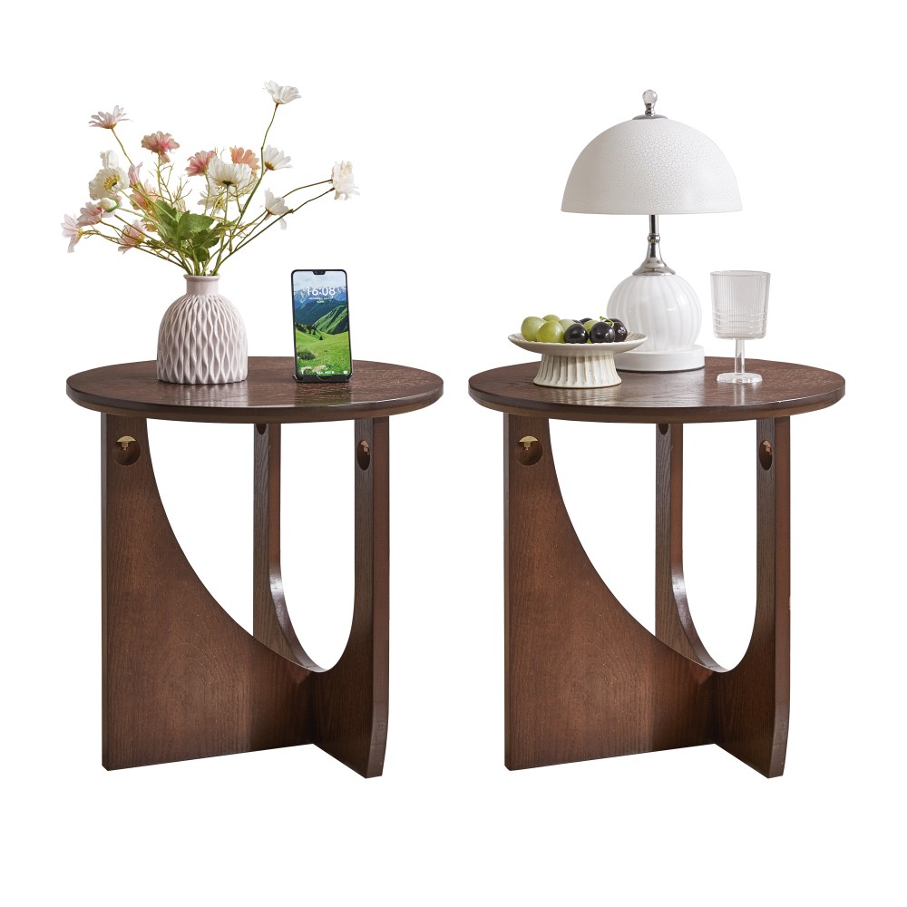 2-Piece Solid Wood Edge Table Set, Natural Wood, Minimalist Center Table