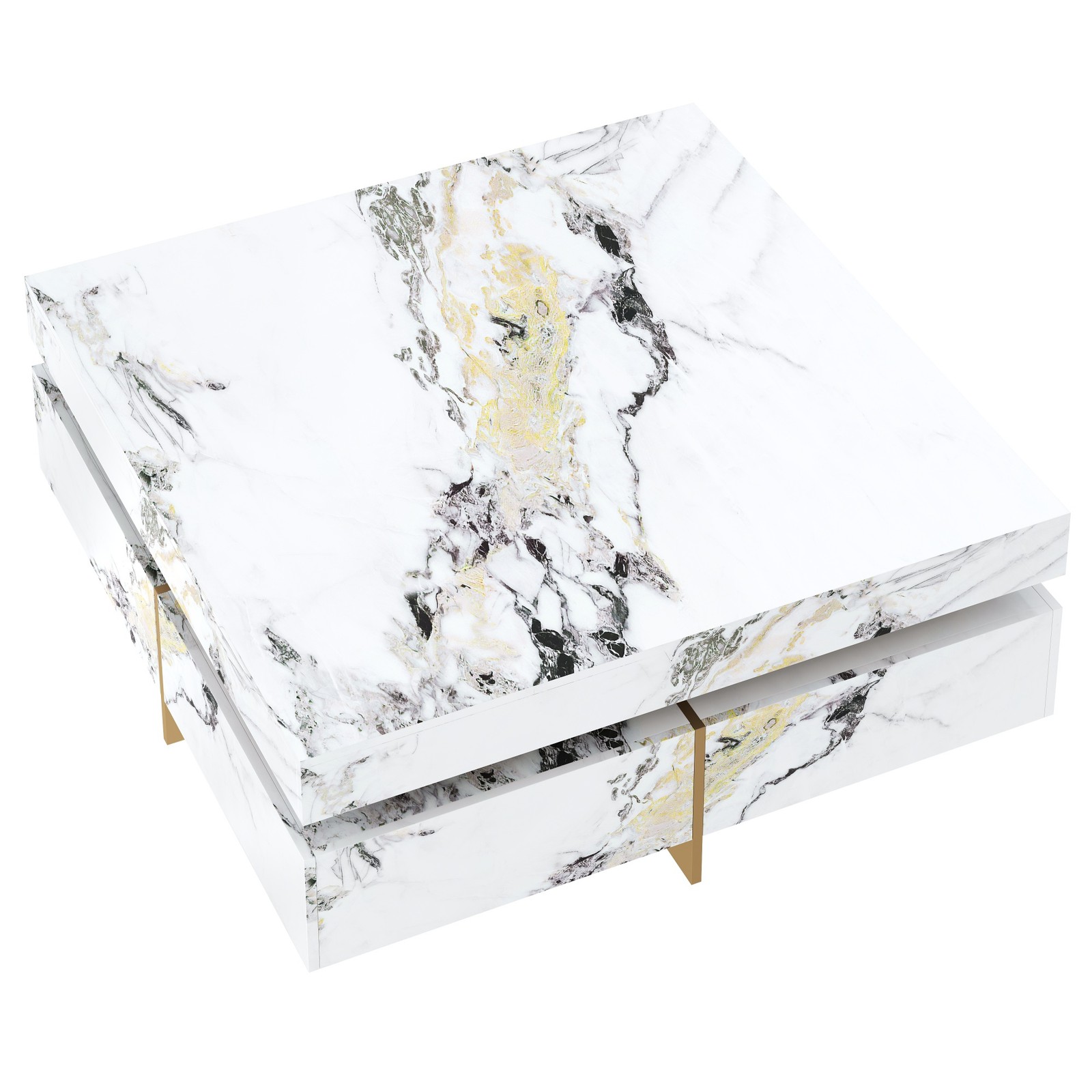 Modern White Square Marble Coffee Table with 4 Drawers, 43.3″