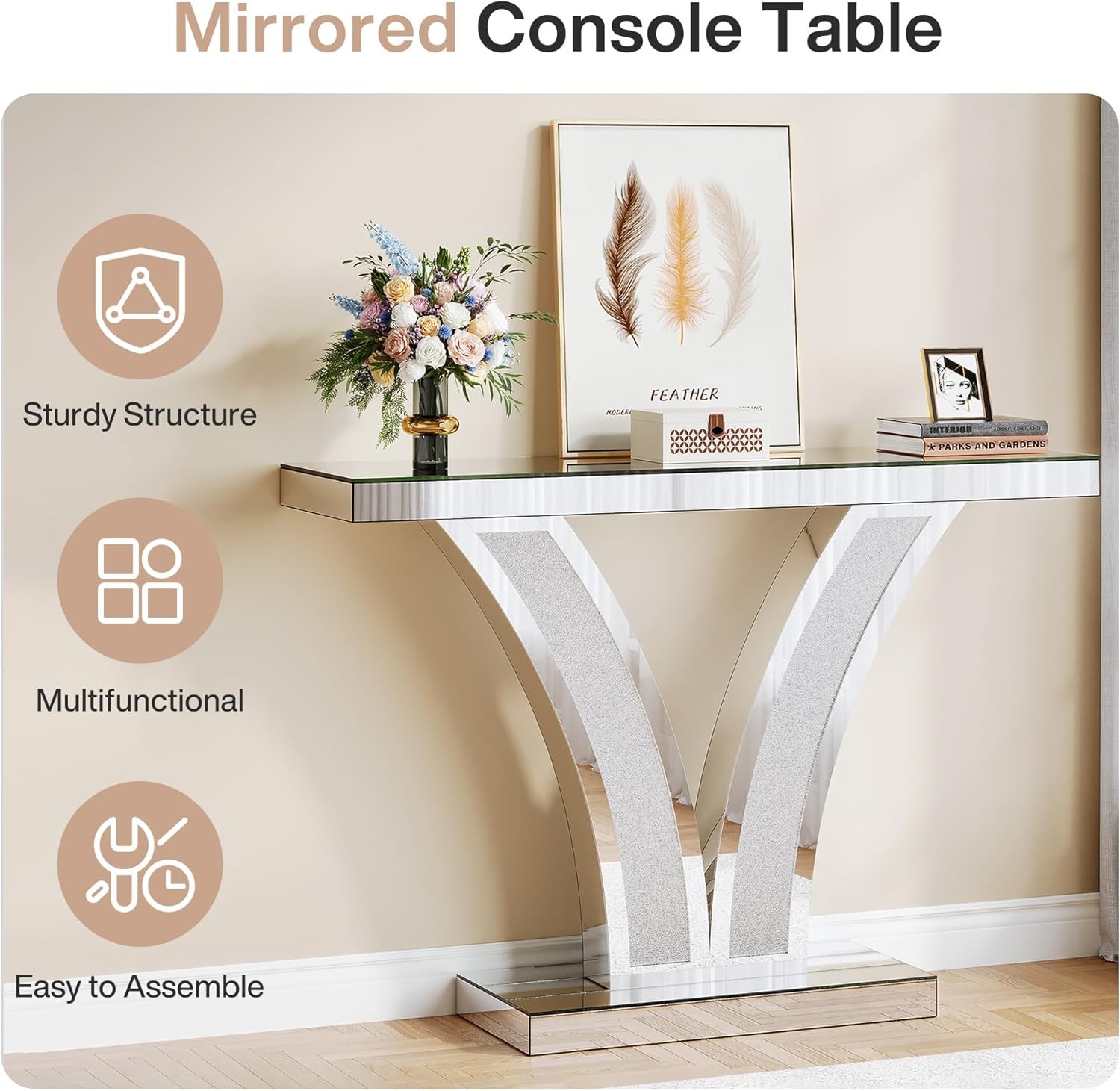 40″Sliver Mirrored Console Table, Modern Entryway Sofa Table with Crystal Frames