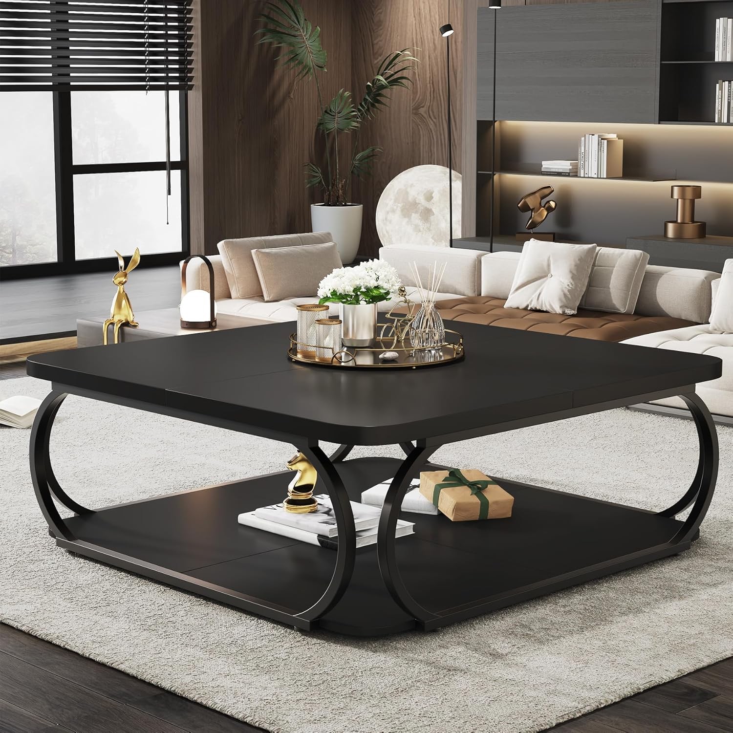 39″ Square Coffee Table with Open Storage Shelf, 2 Tier Large Wood Center Table