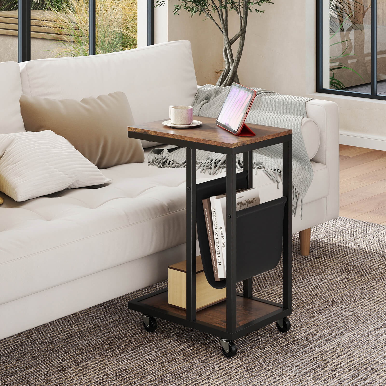 C-shaped Side Table 2-tier Sofa Couch Table w/ Canvas Storage Pouch Brown