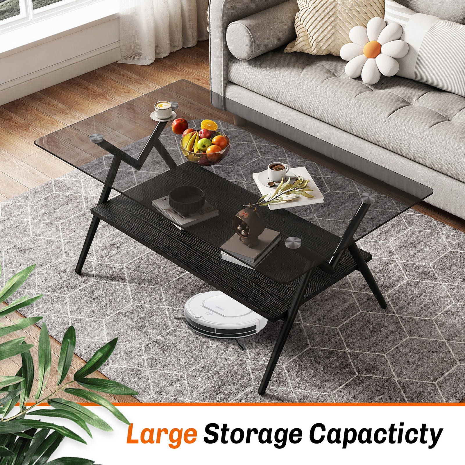 W38.6″ Tempered Glass Metal Legs Coffee Table Sofa Cocktail Centre Table w Shelf