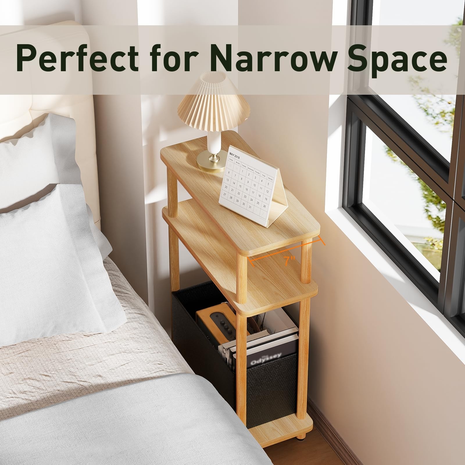 Narrow Side Table with Fabric Basket, 7 Wide, 3 Tier Skinny End Table with Wo…