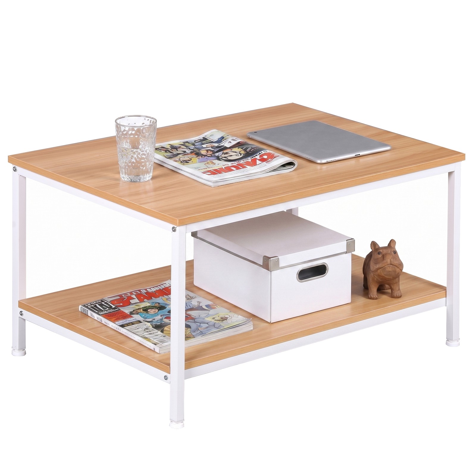Natural Wood Tone 2-Tier Coffee Table Rectangular Wood Side End Table w/Storage