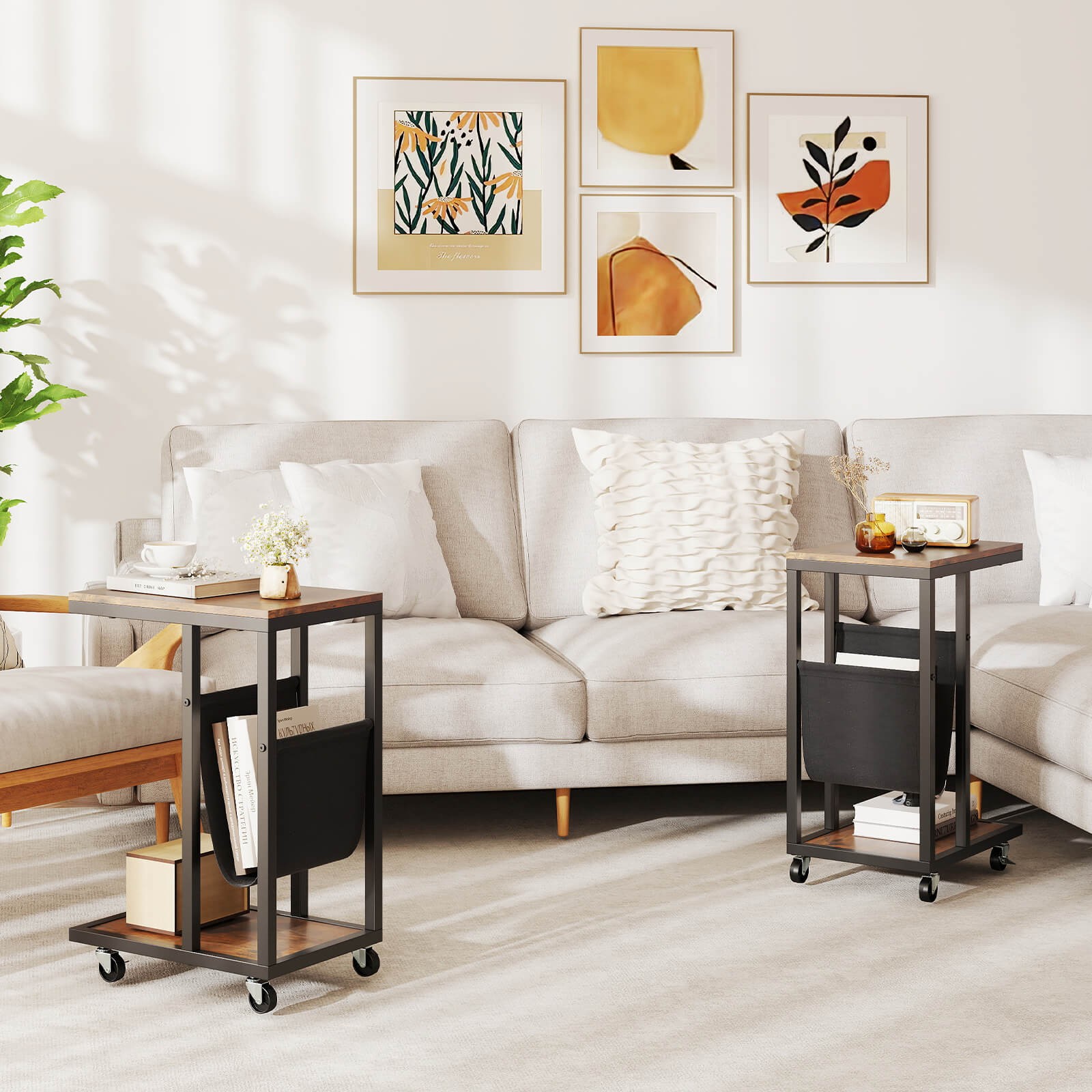 C-shaped Side Table 2-tier Sofa Couch Table w/ Canvas Storage Pouch Brown