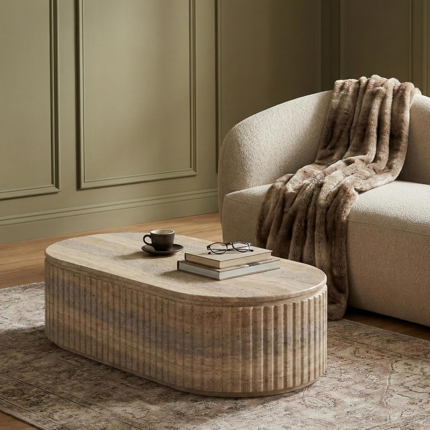 Catania Art Deco Coffee Table in Travertine Finish – Indoor/Outdoor Use