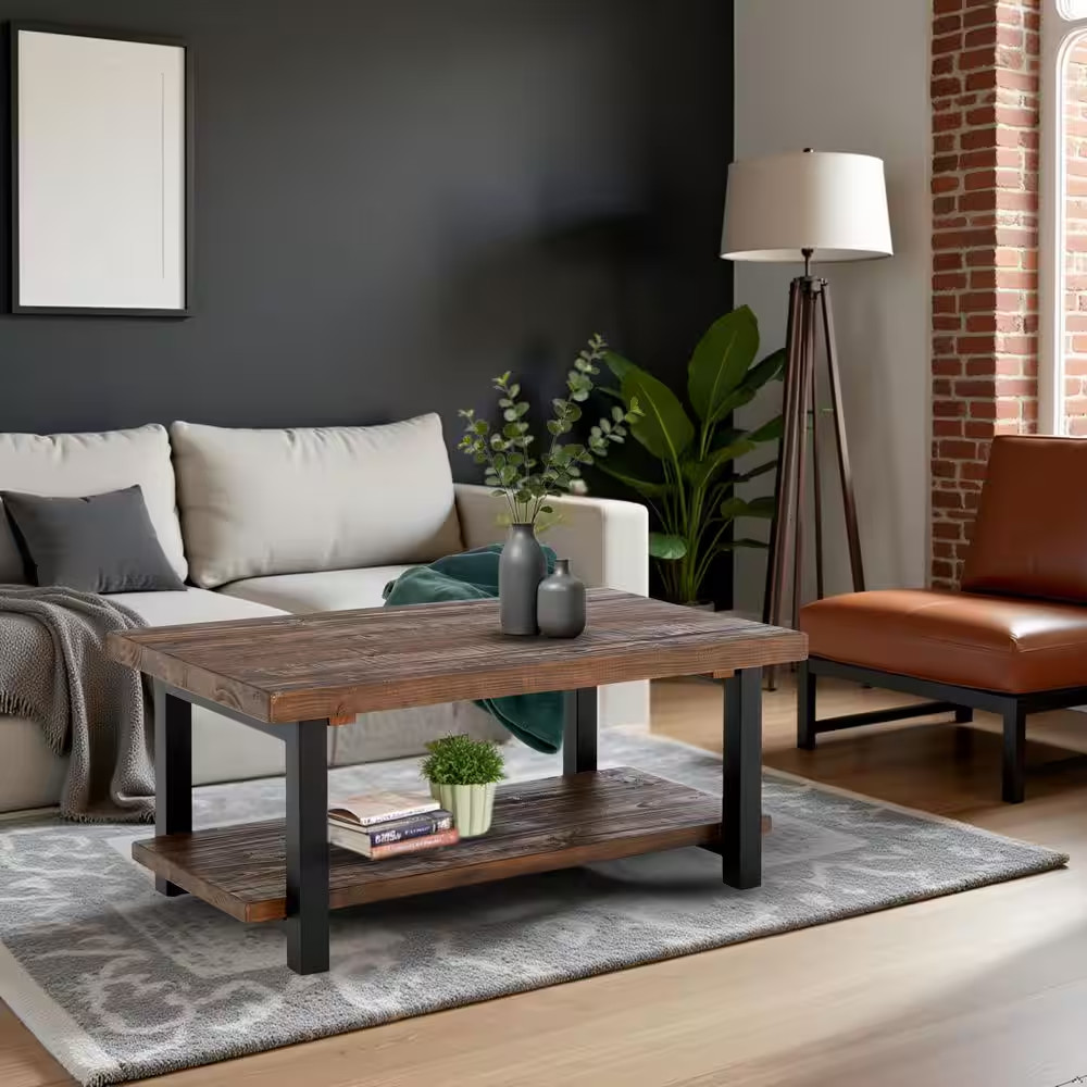 Pomona 42 In. Rustic/Natural Rectangle Wood Top Coffee Table with Shelf