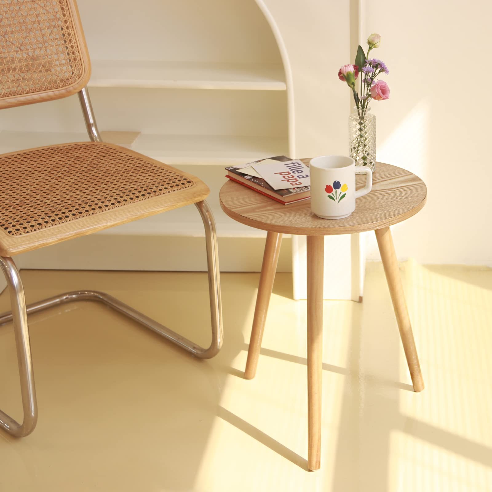 AWASEN Side Table Round, Small Accent 16 in x 16 x 19.5 in, Natural Walnut