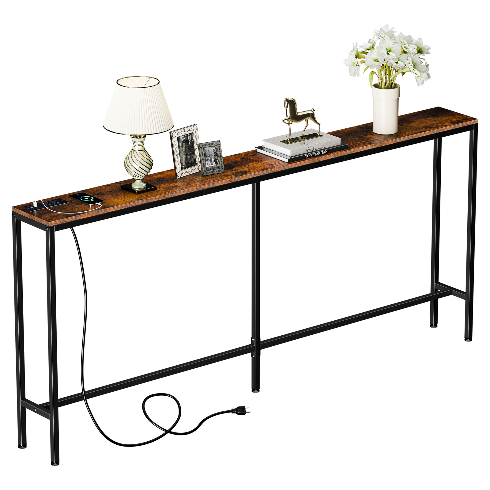 Console Table 71″ Narrow Sofa Table Industrial Entryway Table with Power Outlet