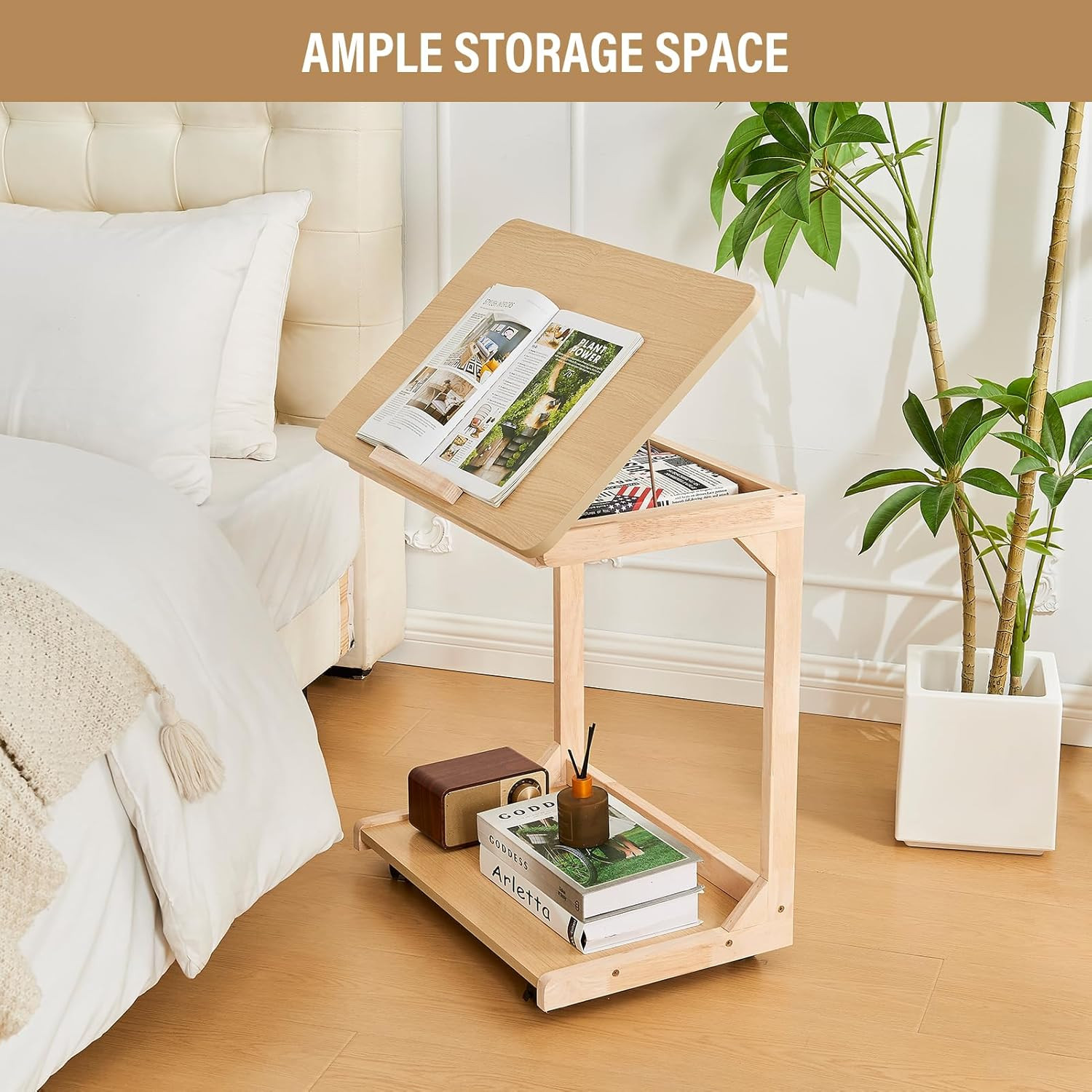 Rolling C Shaped End Table with Wheels – Multi-Purpose Solid Wood Tray Table