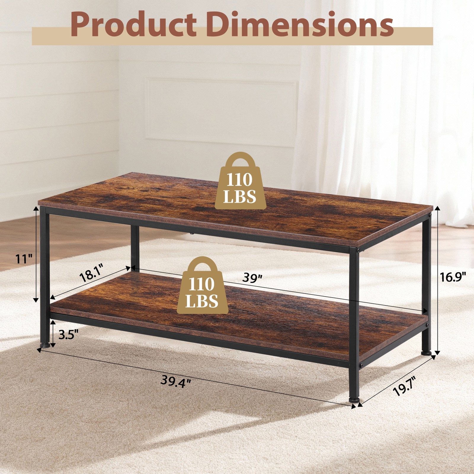 39″ Rectangular Coffee Table Industrial Wood Center Table w/ Storage Shelf Brown