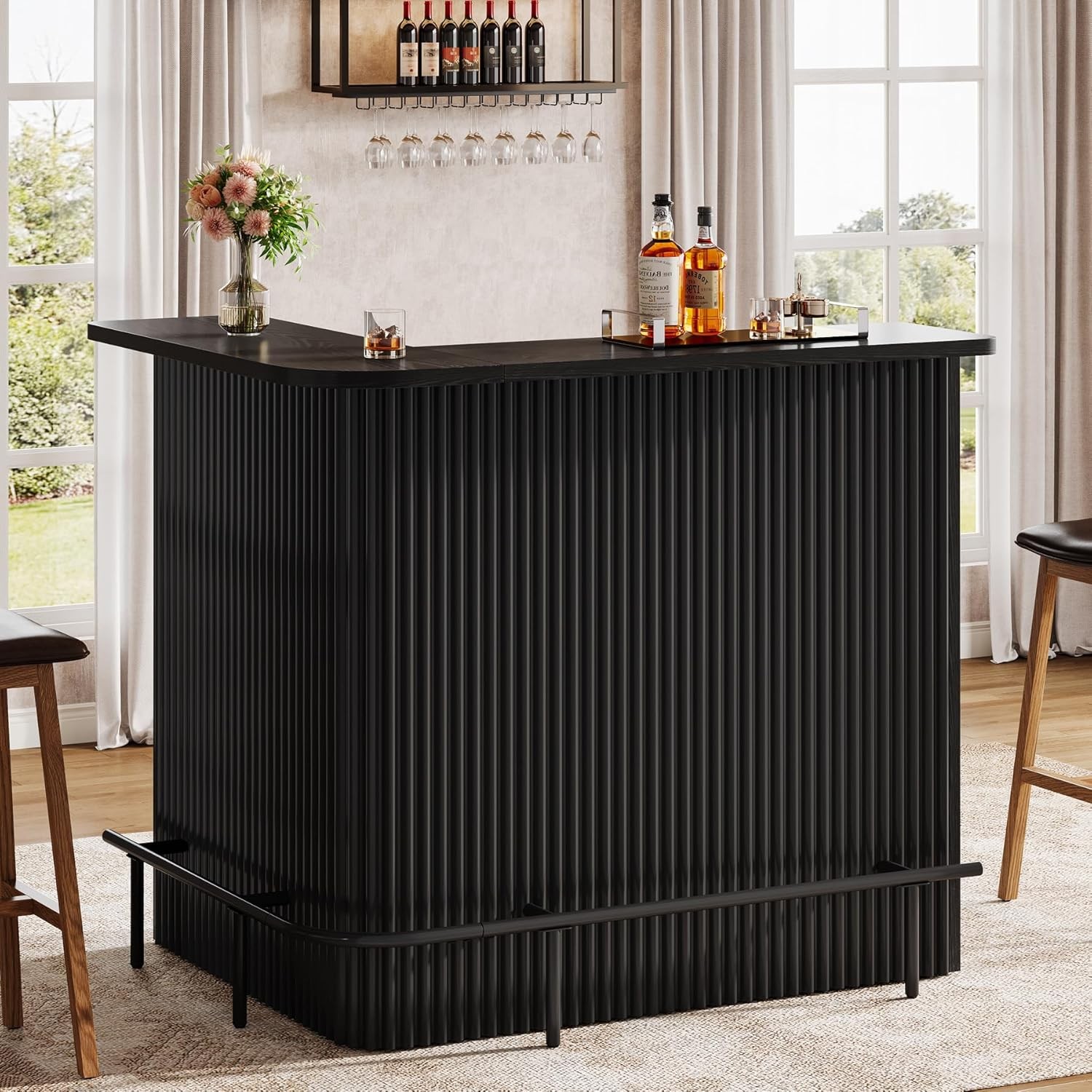 L Shaped Bar Table, Modern Home Bar Unit with Storage Shelves & Metal Footrest