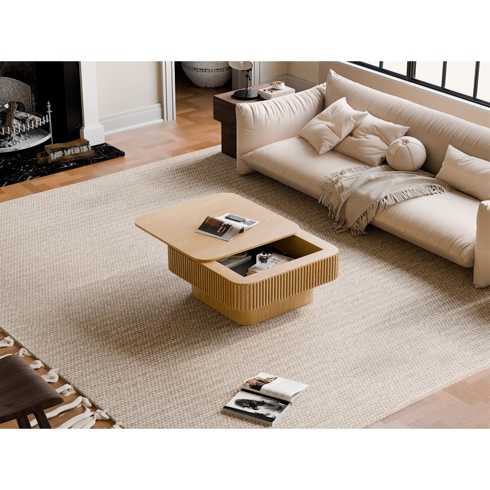 31.5” Square Coffee Table with Storage Solid Wood Veneered, Natural Wood