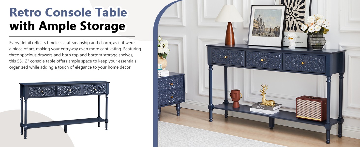 55.5″ Carved Console Table with 3 Drawers, 2-Tier Sofa Table with Glossy Floral