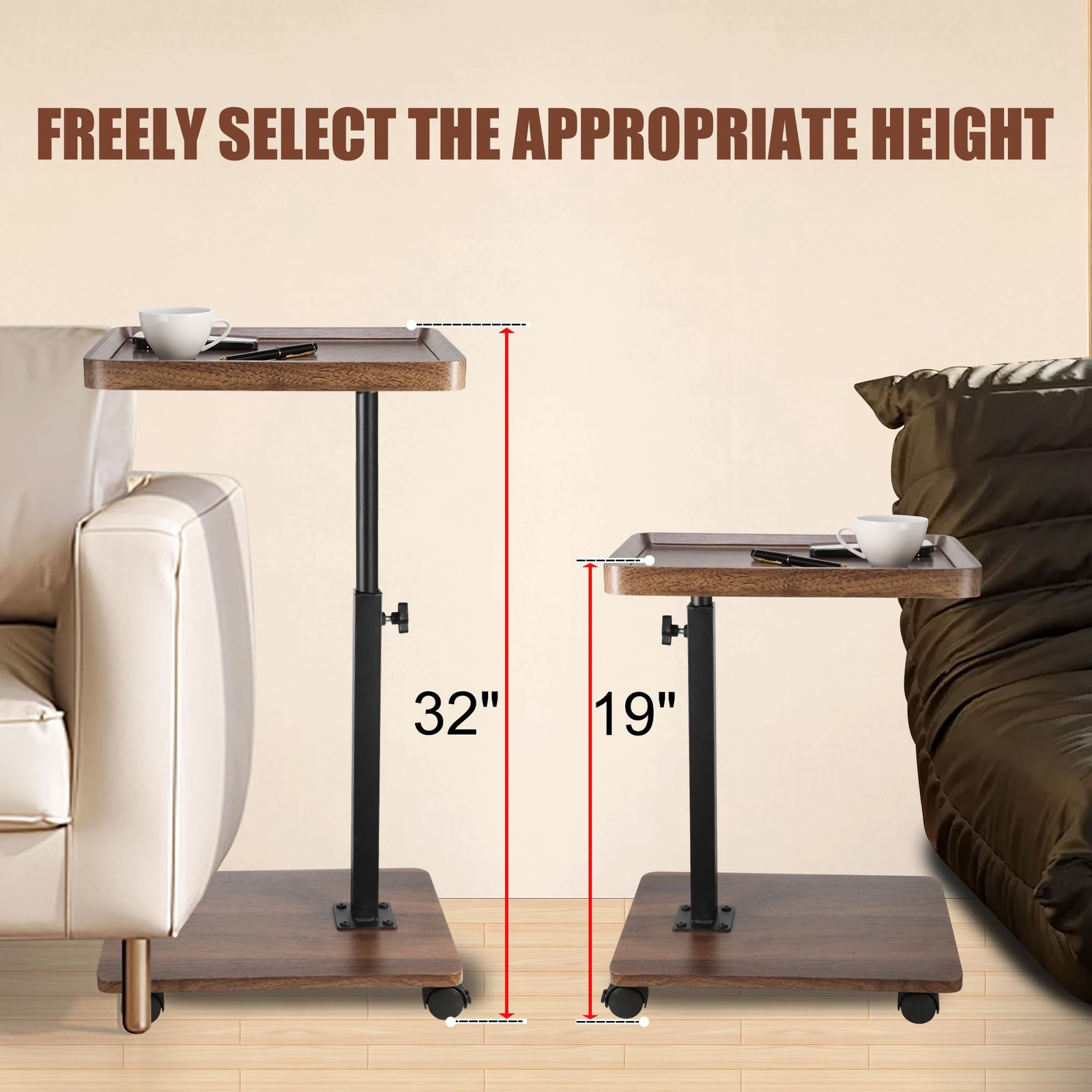 C Shaped End Table for Couch, Adjustable Height C Shaped Side Table with Whee…
