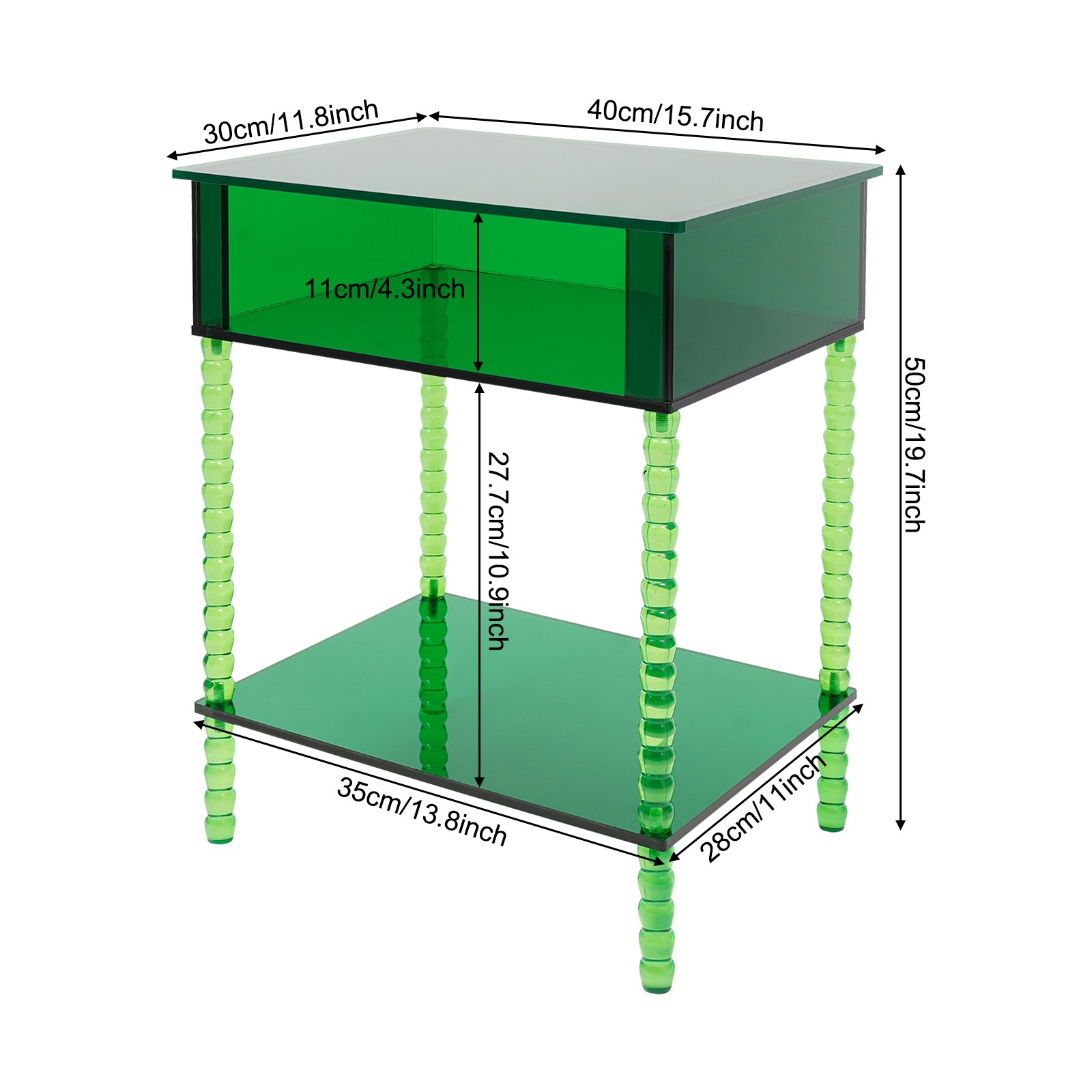 Acrylic Side Table End Table w/ Storage Nightstand for Living Room Bedroom Green