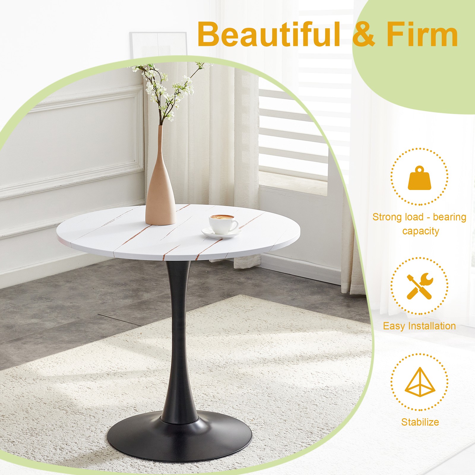 31.5″ Round Tulip Dining Table White MDF Top Metal Pedestal Base