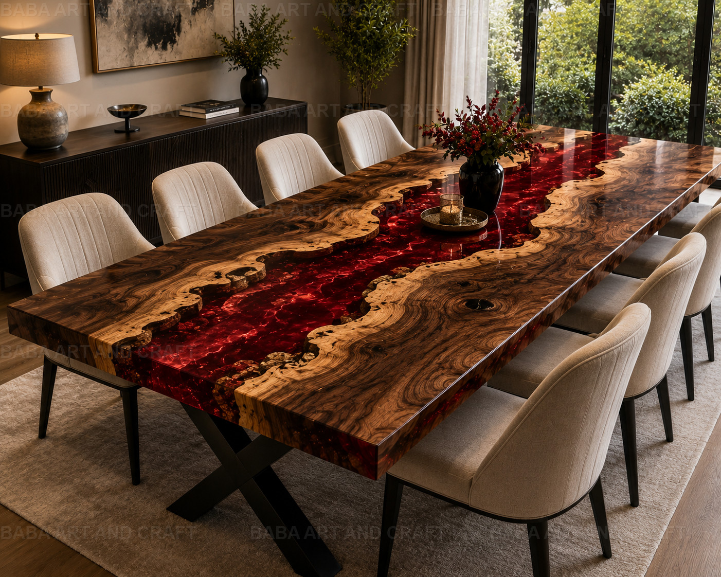 Handmade Red Epoxy River Walnut Dining Table Live Edge Wood Kitchen Table12X24