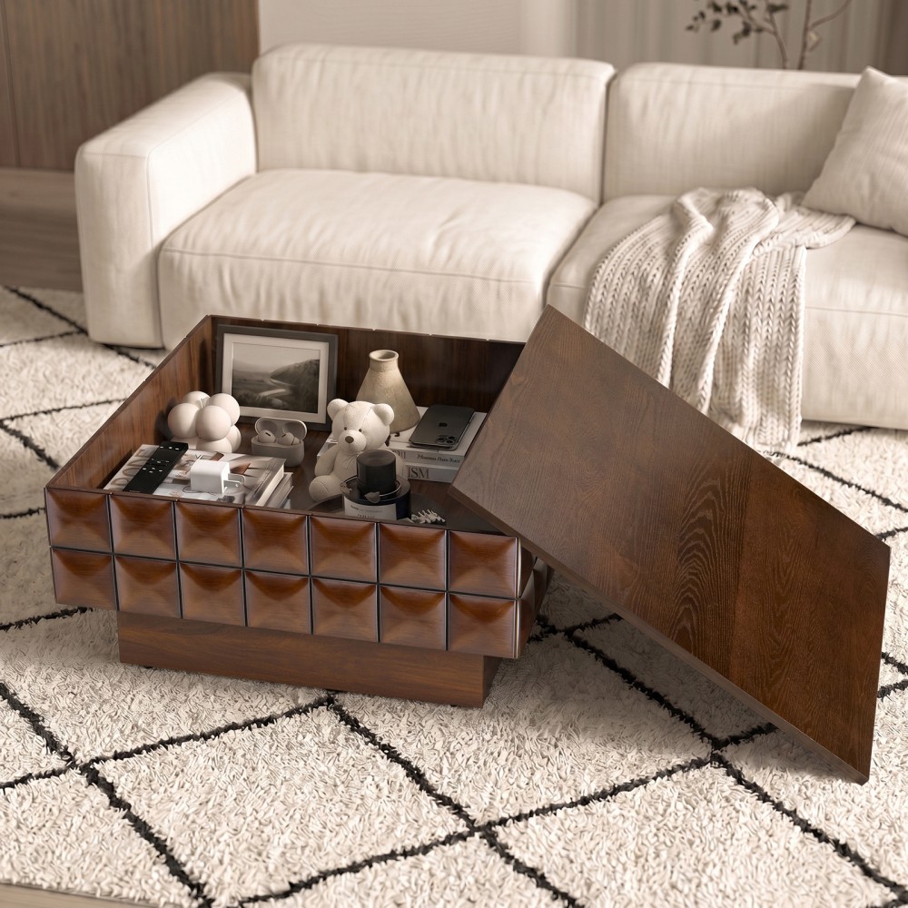 32.7″ Square Walnut Coffee Table – 3D Cube-Textured Wrap, Ash Veneer Top