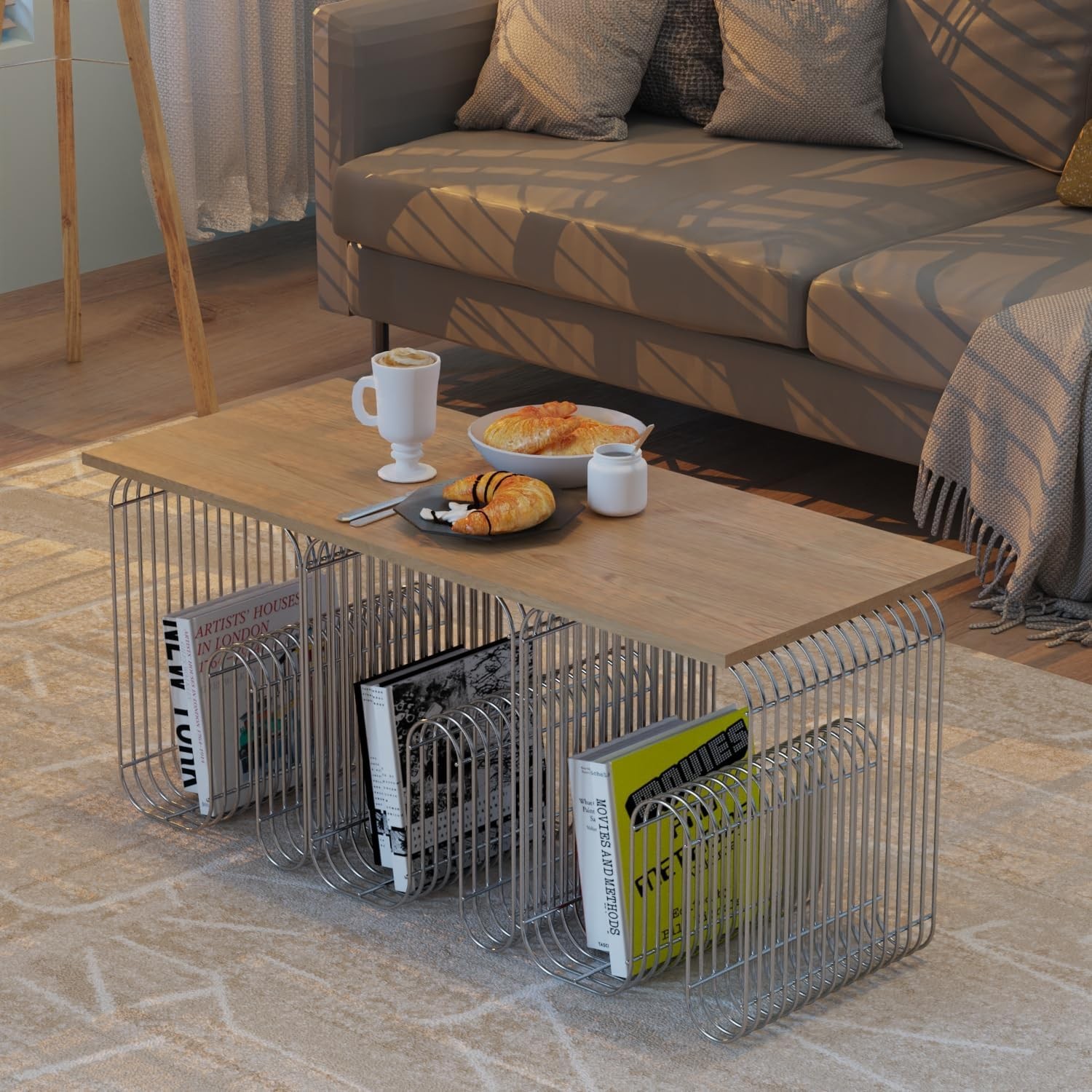 N-Shape Retro Side Table, Accent Bedside Table for Living Room, Stainless Steel