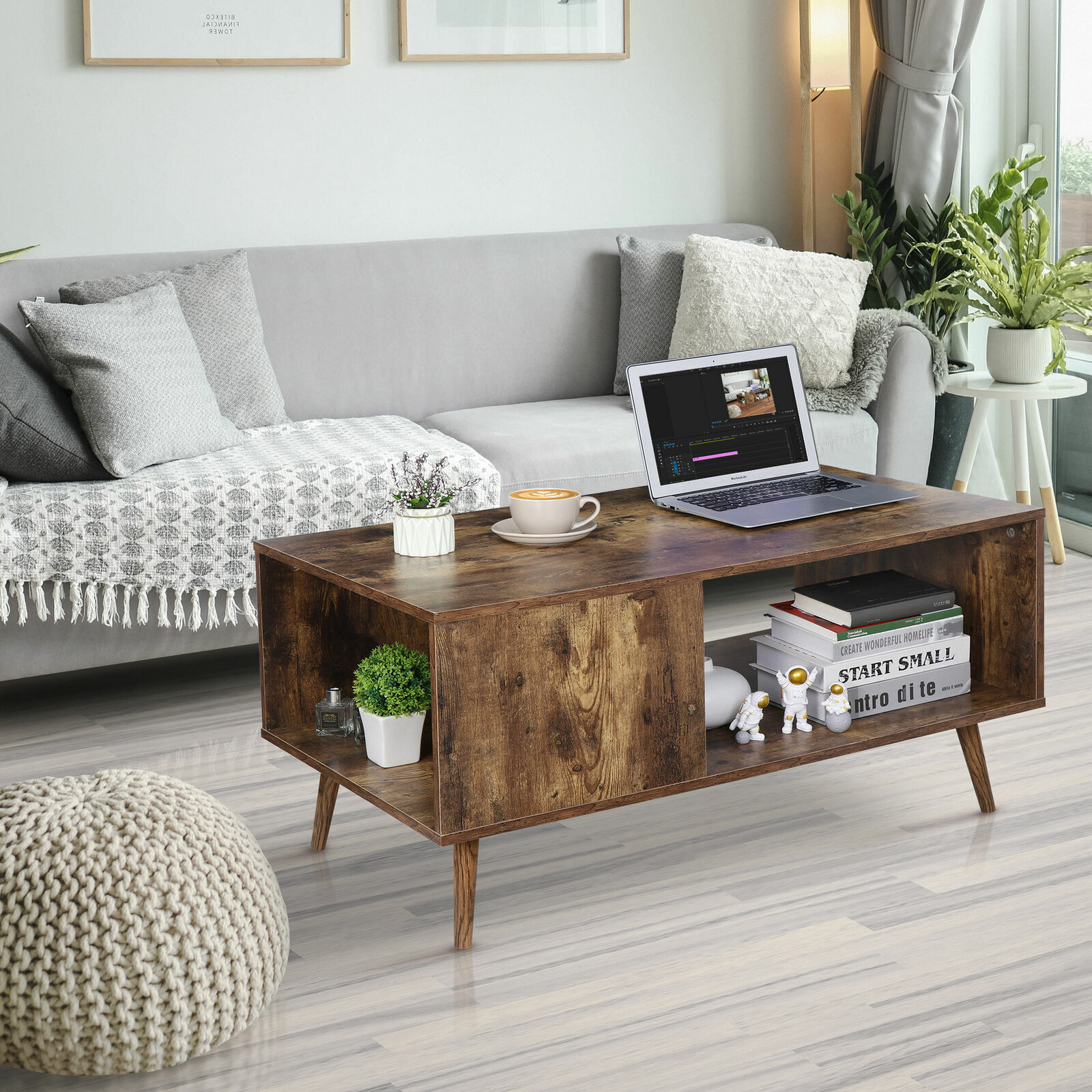 Retro Coffee Table Rectangular Open Storage Wooden Shelf Stand For Living Room