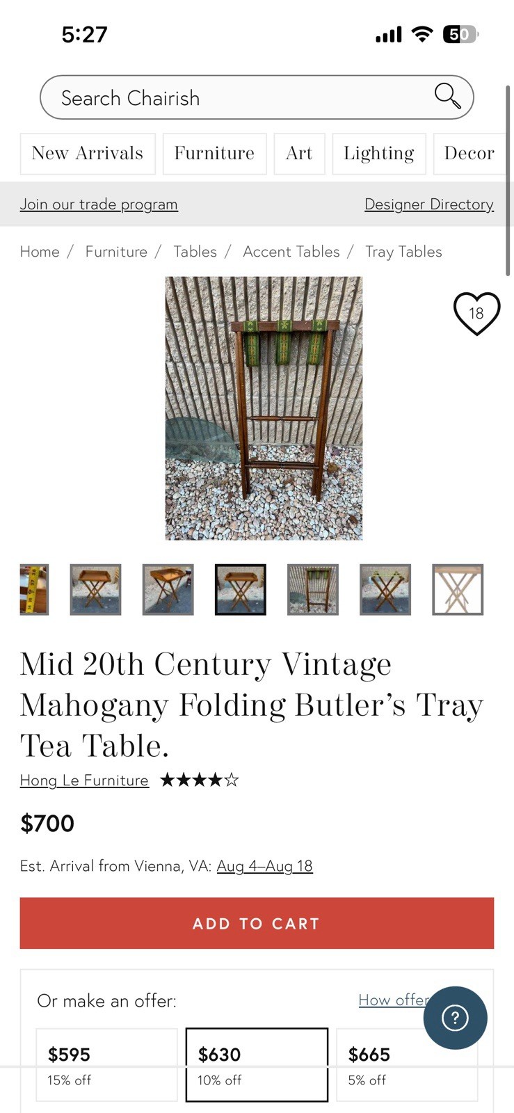 Mid-Century Modern Folding Wood Butler Tray Table, Brown/Green Floral Webbing