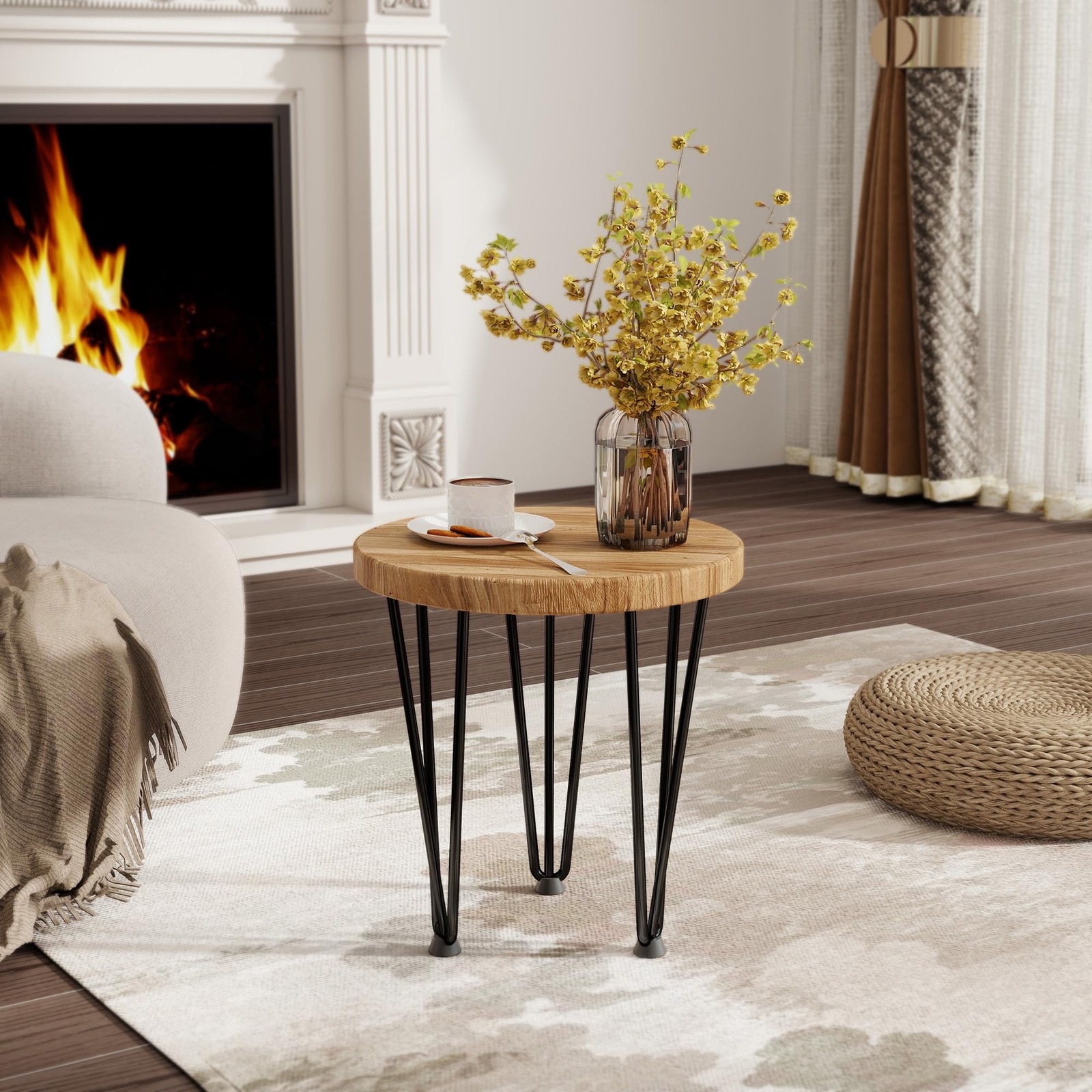 Round Coffee Table – Elm Wood Nesting Table with Metal Legs & Non Slip Feet B…