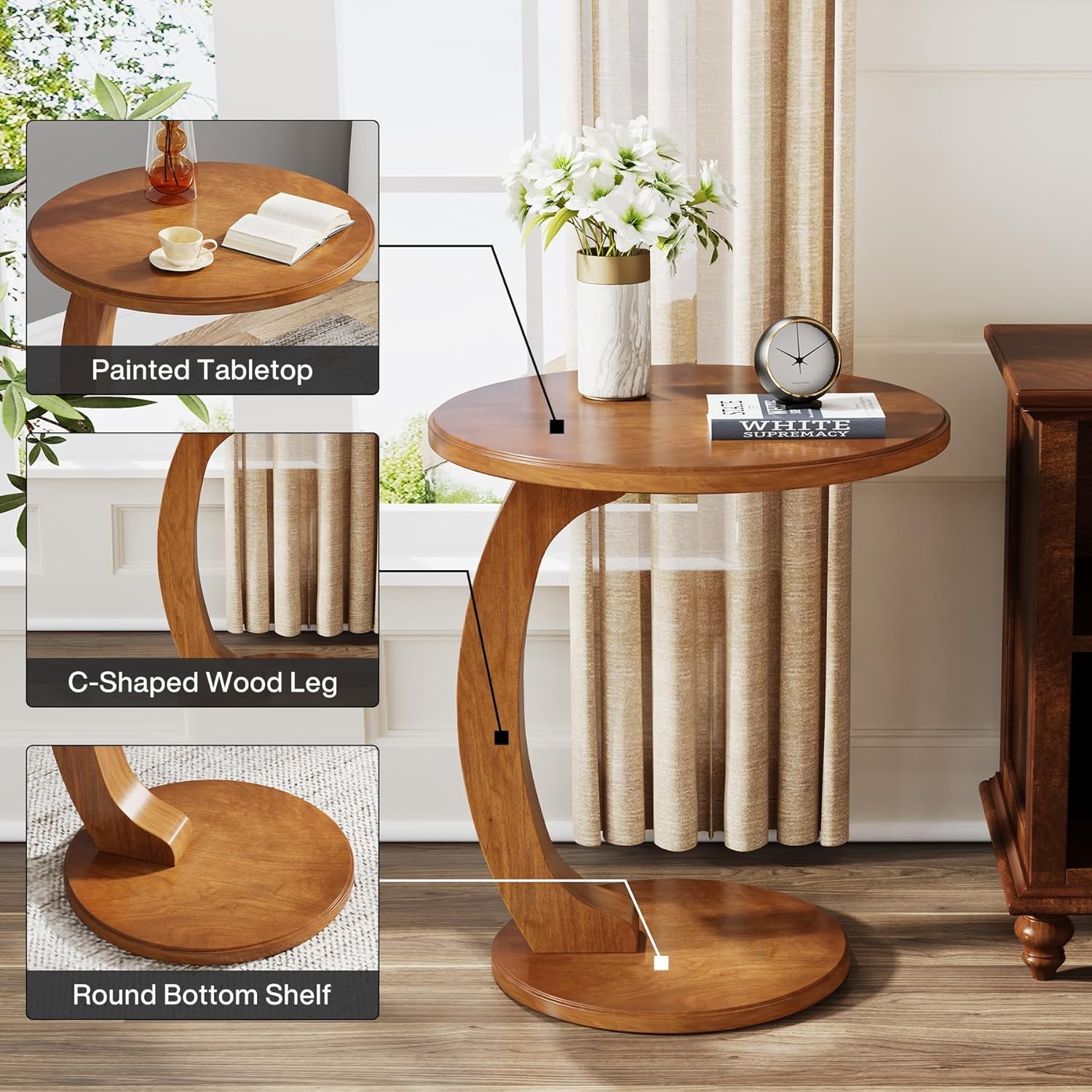C-Shaped End Table, Wooden Round Side Sofa Table, Mid-Century Modern End Table