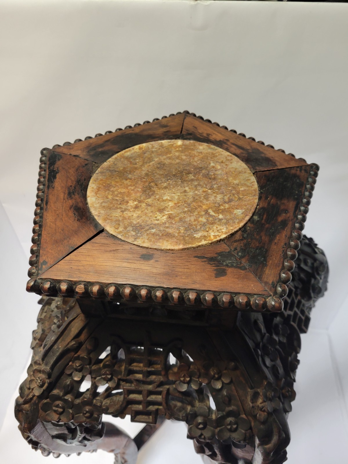 Dark Brown Wood Asian Carved Floral Hexagonal Pedestal Accent Table 14″ H
