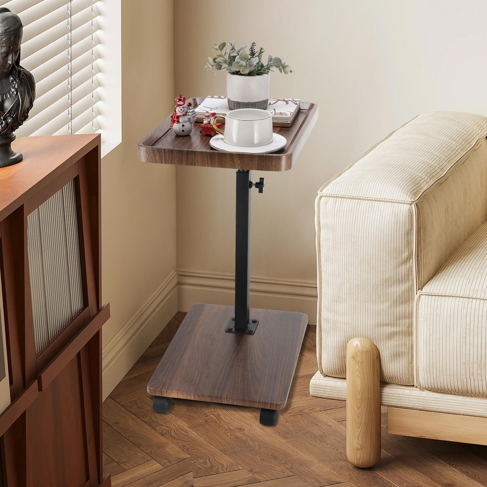 C Shaped End Table for Couch, Adjustable Height C Shaped Side Table with Whee…