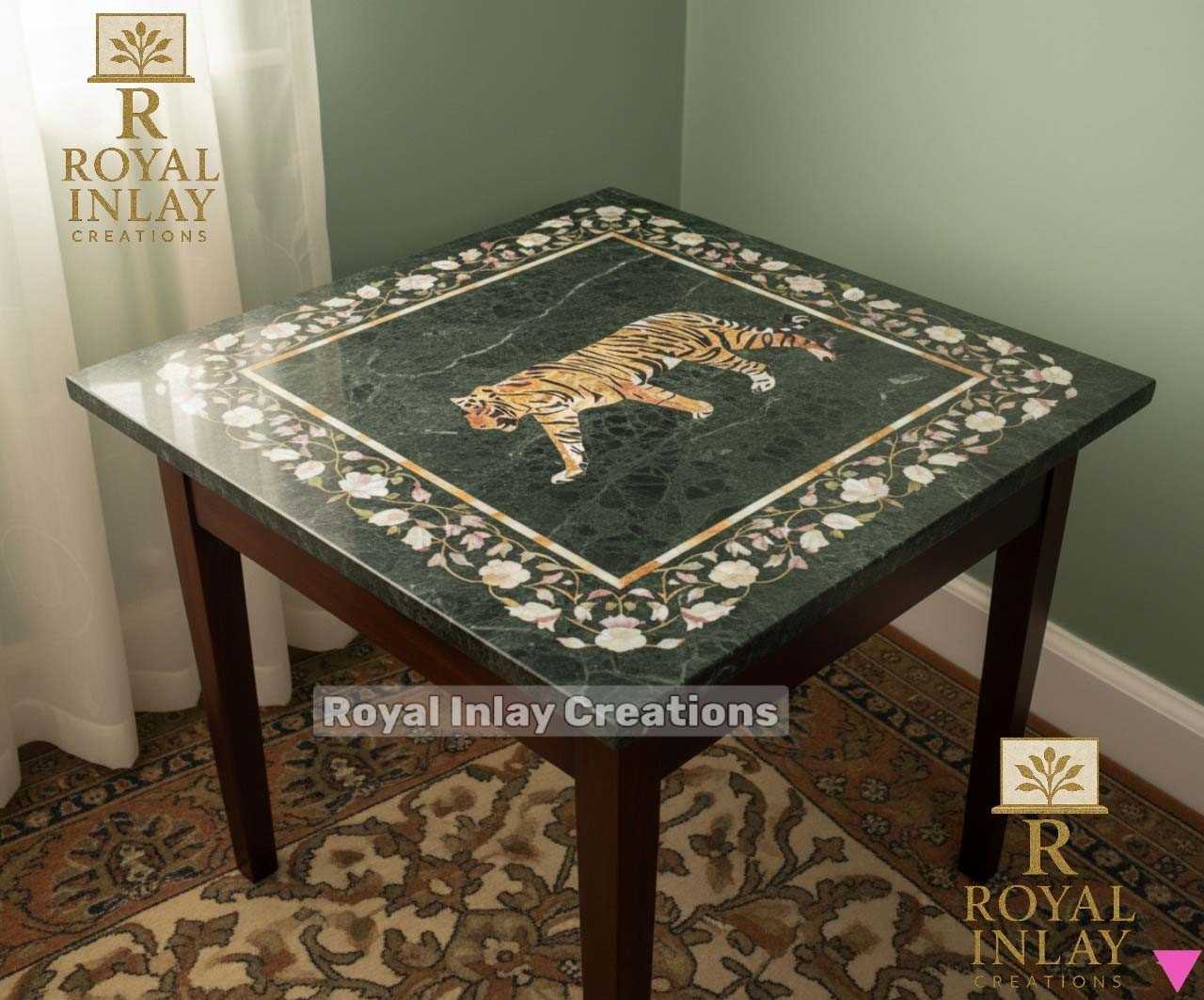 Green Marble Pietra Dura Table Top – Square Tiger Inlay & Floral Border Tabletop
