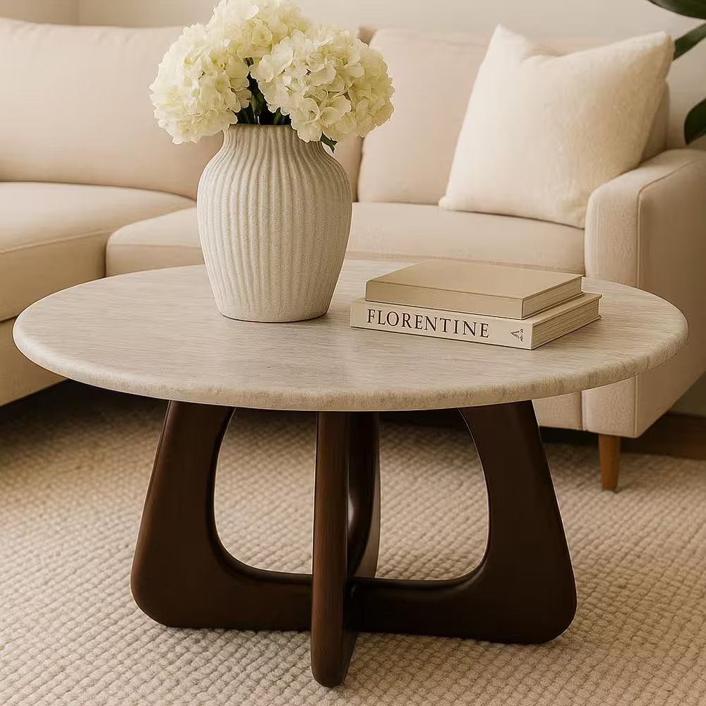 30 In. X 17 In. Brown round Marble Top Coffee Table with Openwork Base
