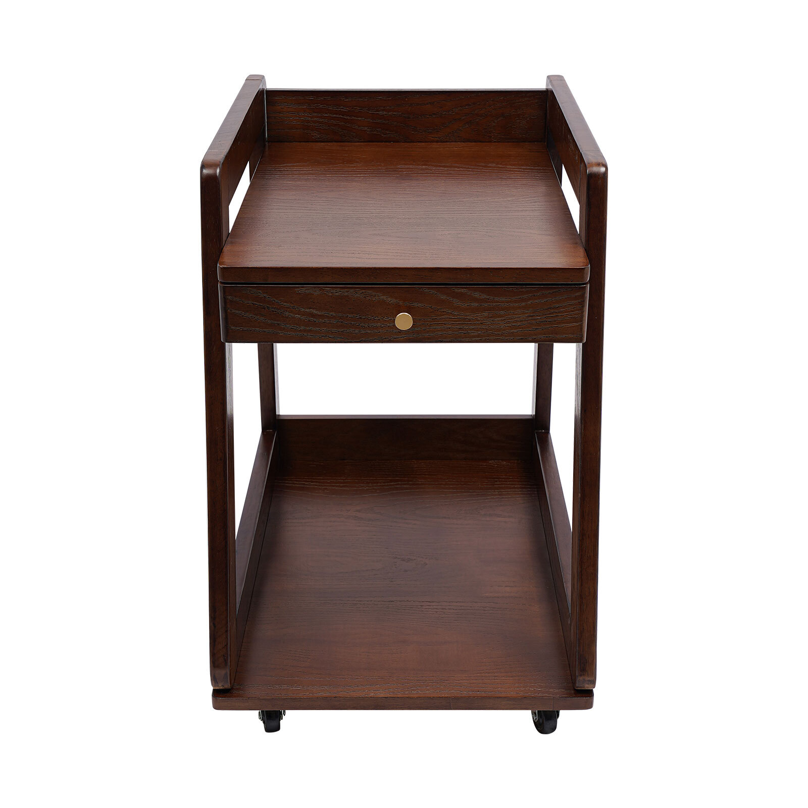 Walnut Retro Wood End Table, 2-tier Side Table, Storage Couch Table with Wheels