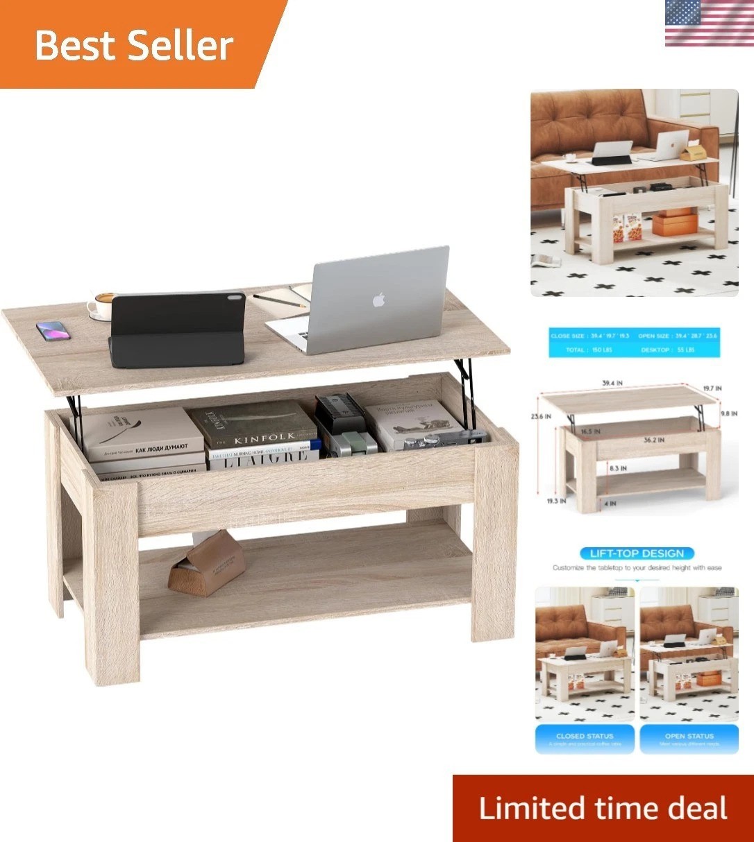Elegant Lift Top Coffee Table with Hidden Storage & Dual Shelves – Nature Finish