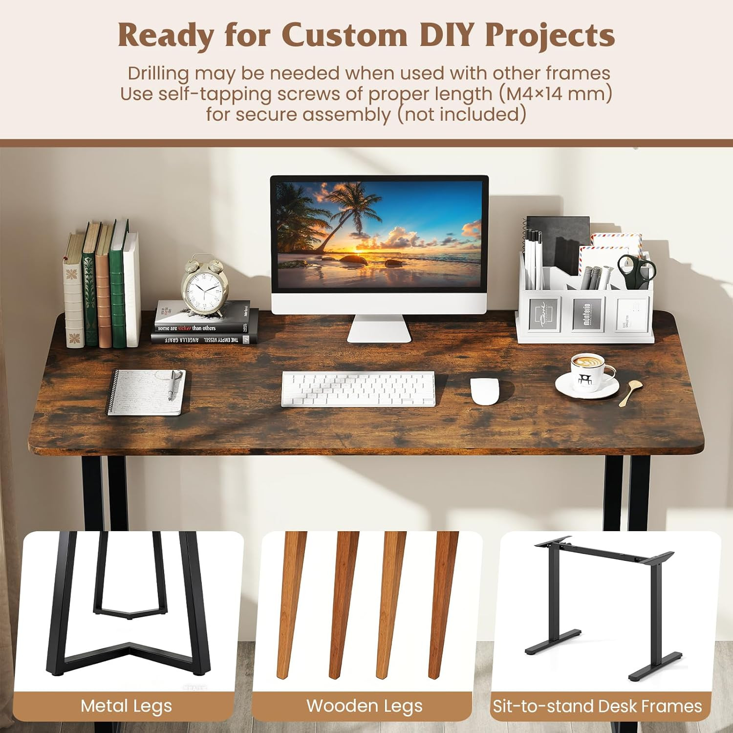 48″ x 24″ Adjustable Wood Table Top for Home Office & DIY Projects, Brown