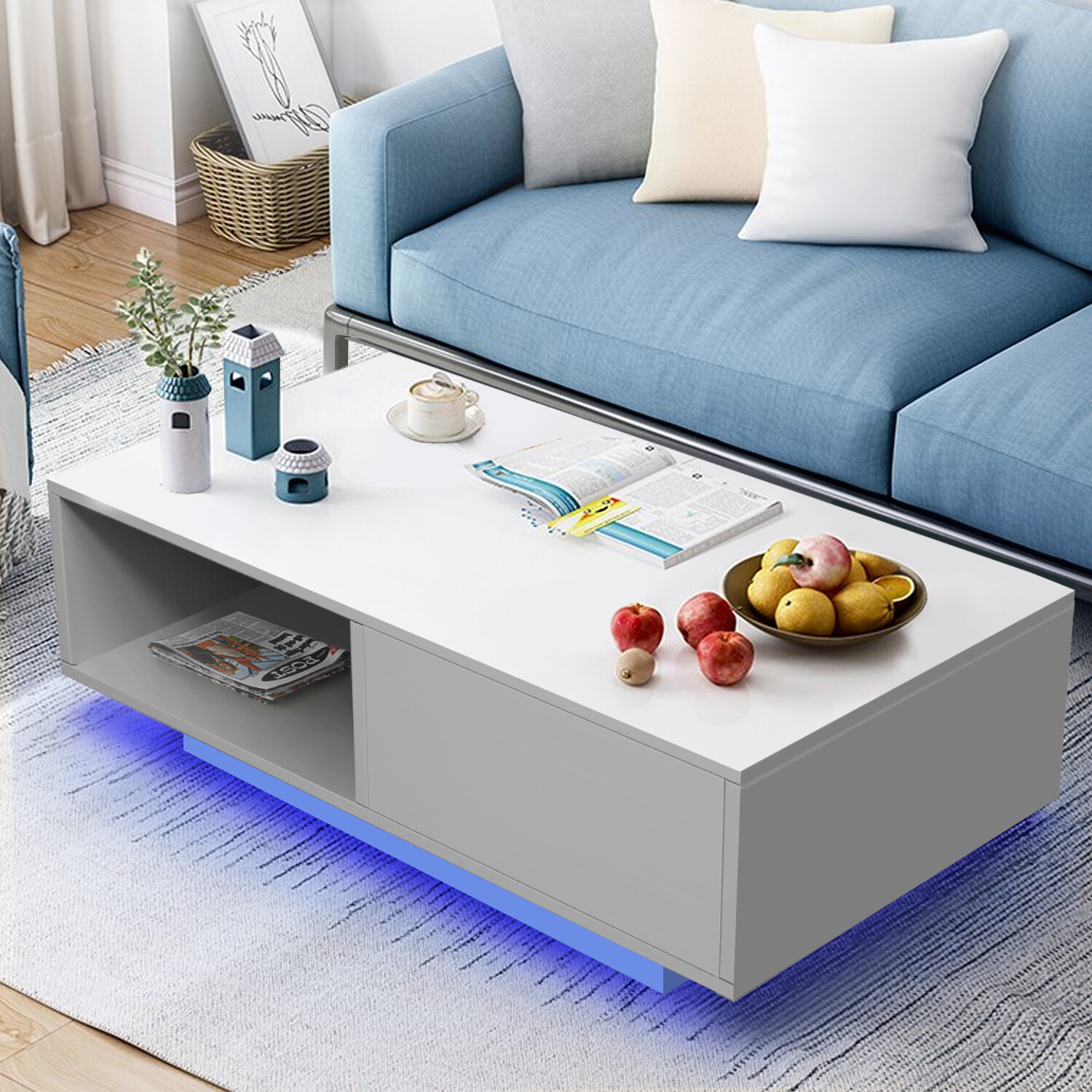 New Super Large 43″ High Gloss Side Coffee Table w/LED+Drawer Living Room White