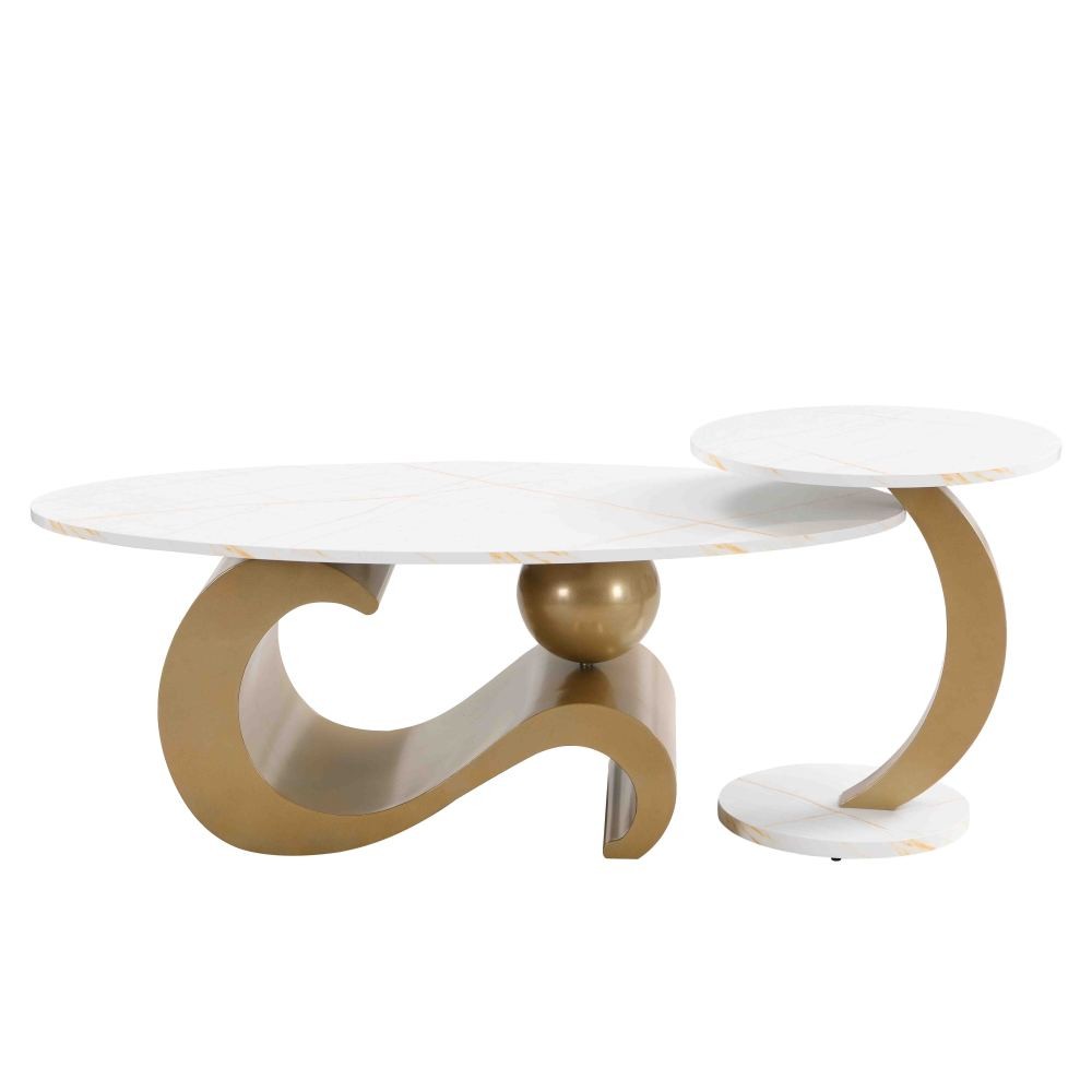 Nesting Coffee Table Set of 2 Oval Round Side End Tables Golden MDF Metal Frame