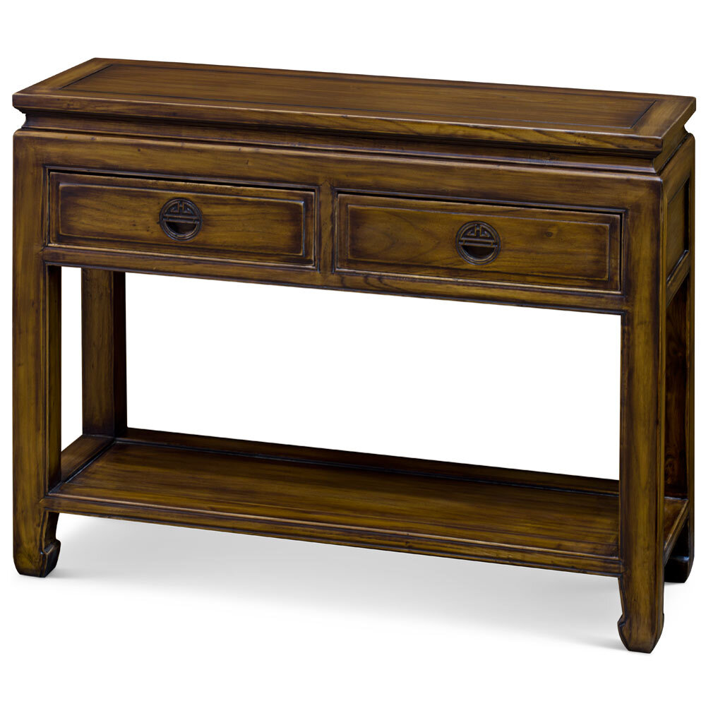 US Seller – Distressed Mahogany Elmwood Chinese Longevity Console Table
