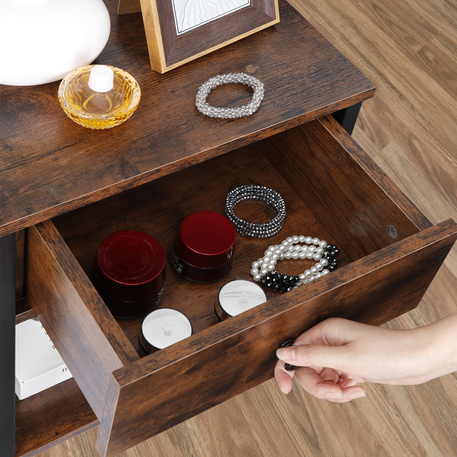 2 Pieces Home End Table Storage Display Metal Frame MDF Top with Drawer, Brown