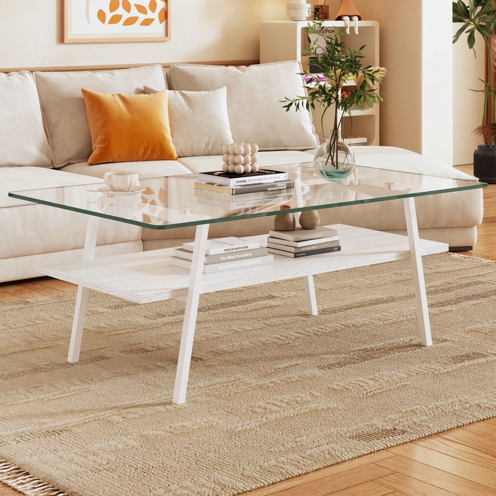 Gray Glass Rectangle Coffee Table, White Metal Legs