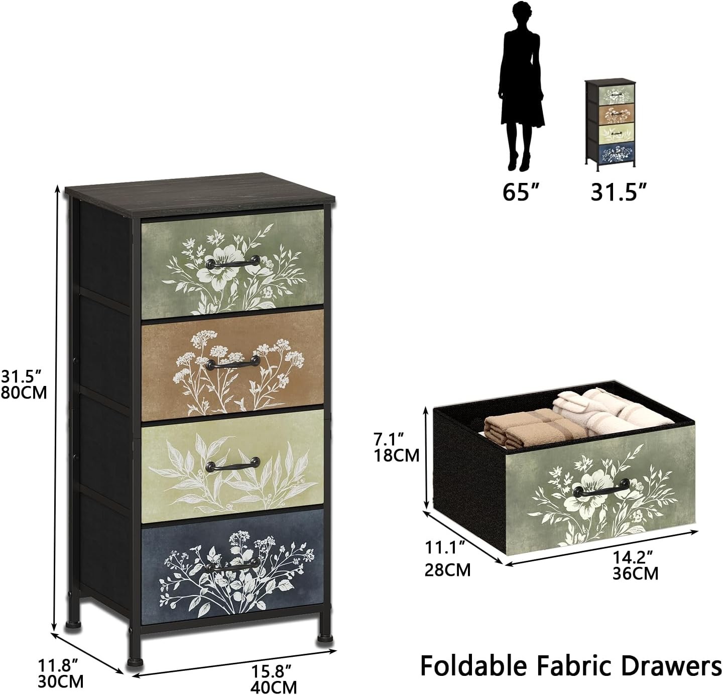 Tohomeor Vintage Dresser 11.8D x 15.8W x 31.5H (4 Drawers), Multi Color